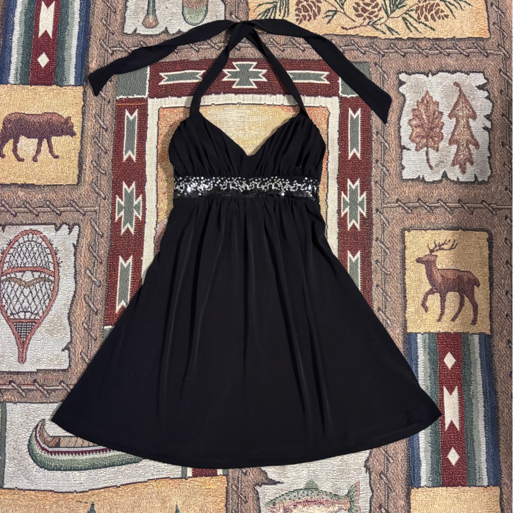 Chic Black Halter Dress with Silver Accents
